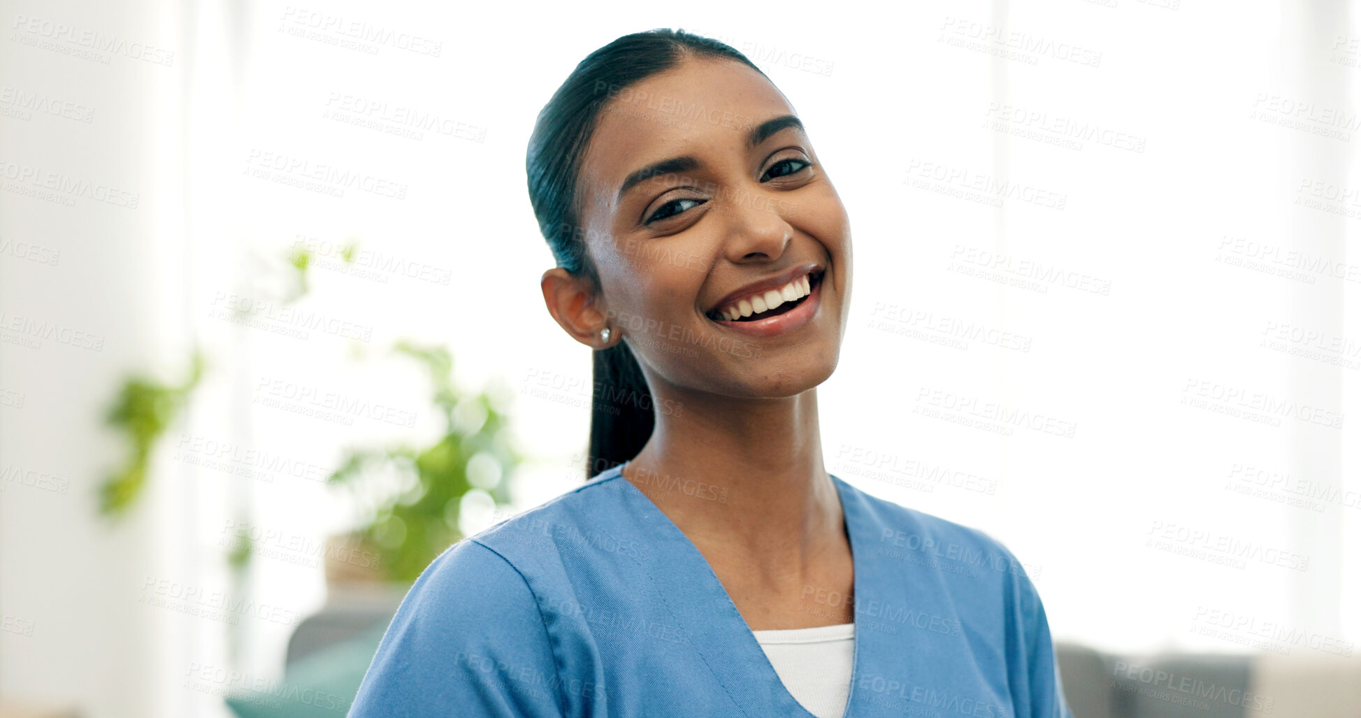 Buy stock photo Portrait, nurse and woman laugh in home, healthcare or smile with worker for wellness service. Funny, assisted living or happy caregiver with homecare support, about us or medical professional