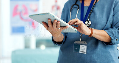 Buy stock photo Doctor, medical research and hands with tablet, healthcare and patient records on website in clinic. Health specialist, typing and person with computer, online and scroll treatment plan in hospital