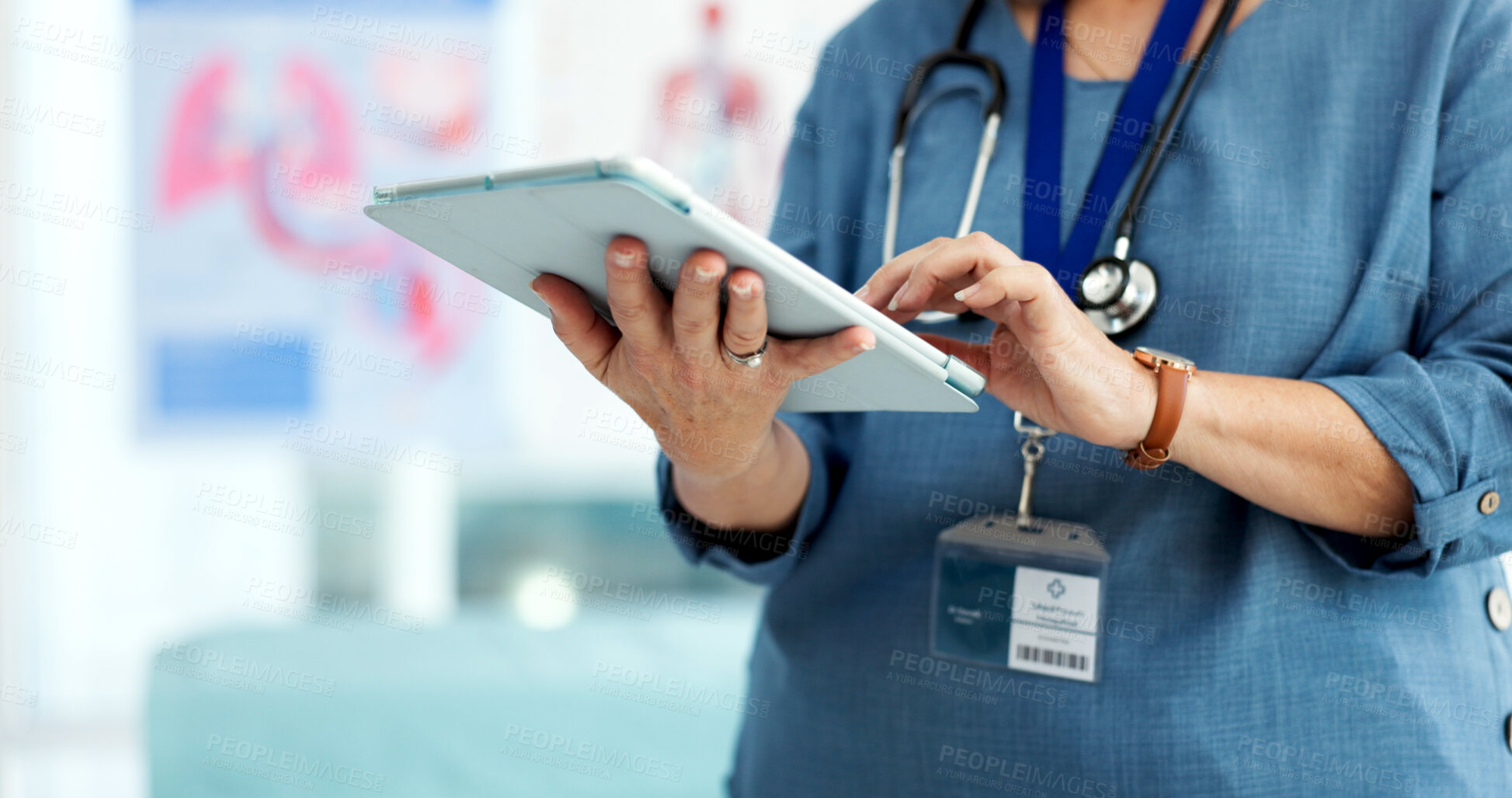 Buy stock photo Doctor, medical research and hands with tablet, healthcare and patient records on website in clinic. Health specialist, typing and person with computer, online and scroll treatment plan in hospital