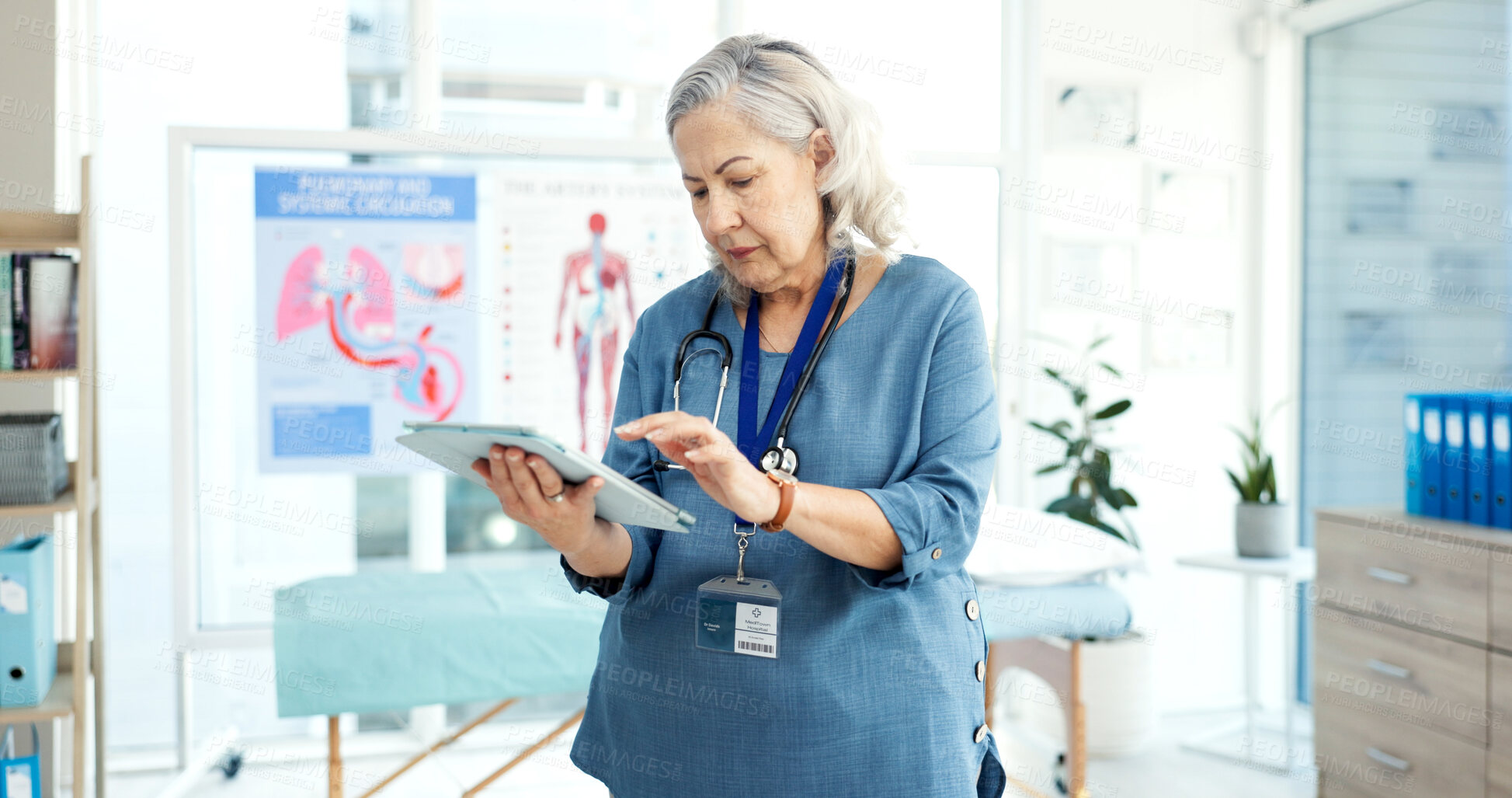 Buy stock photo Healthcare, doctor and woman with tablet in office, typing and patient records update or information. Hospital, medical research and mature person with tech, online and treatment plan on website