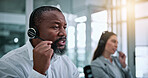 Call center, advice and talk with business man in office for contact us, troubleshooting and help desk. Customer support, coworking and tech hotline with person in agency for consulting and flare