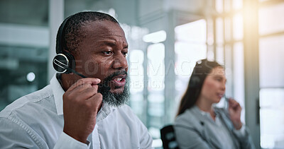 Buy stock photo Call center, advice and talk with business man in office for contact us, troubleshooting or help desk. Customer support, coworking and tech hotline with mature person in agency for consulting and crm