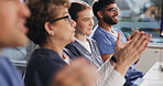 Nurses, clapping and audience with smile in seminar, success or listening to healthcare presentation. Medical team, celebration and happy people in clinic, discussion and applause for treatment plan