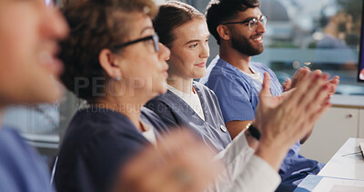 Buy stock photo Nurses, clapping and audience with smile in seminar, success or listening to healthcare presentation. Medical team, celebration and happy people in clinic, discussion and applause for treatment plan