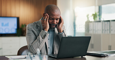 Buy stock photo Business, office and black man on laptop with headache, mistake and financial crisis for bankruptcy. Frustrated, migraine and mature person on computer with burnout, investment fail and overworked