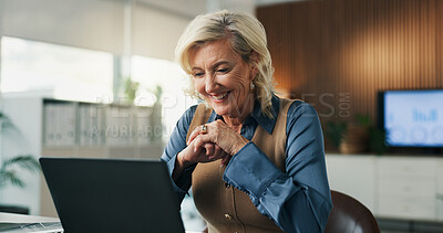 Buy stock photo Business, woman or smile on laptop in office for profit target, positive cash flow or good news. Finance manager, happy mature person or tech with capital raise approval, negotiation win or liquidity