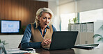 Shock, woman or stress on laptop in business for phishing email, security breach or banking fraud. Accountant, mature person or worry with tech in office for missing audit report, job risk and crisis