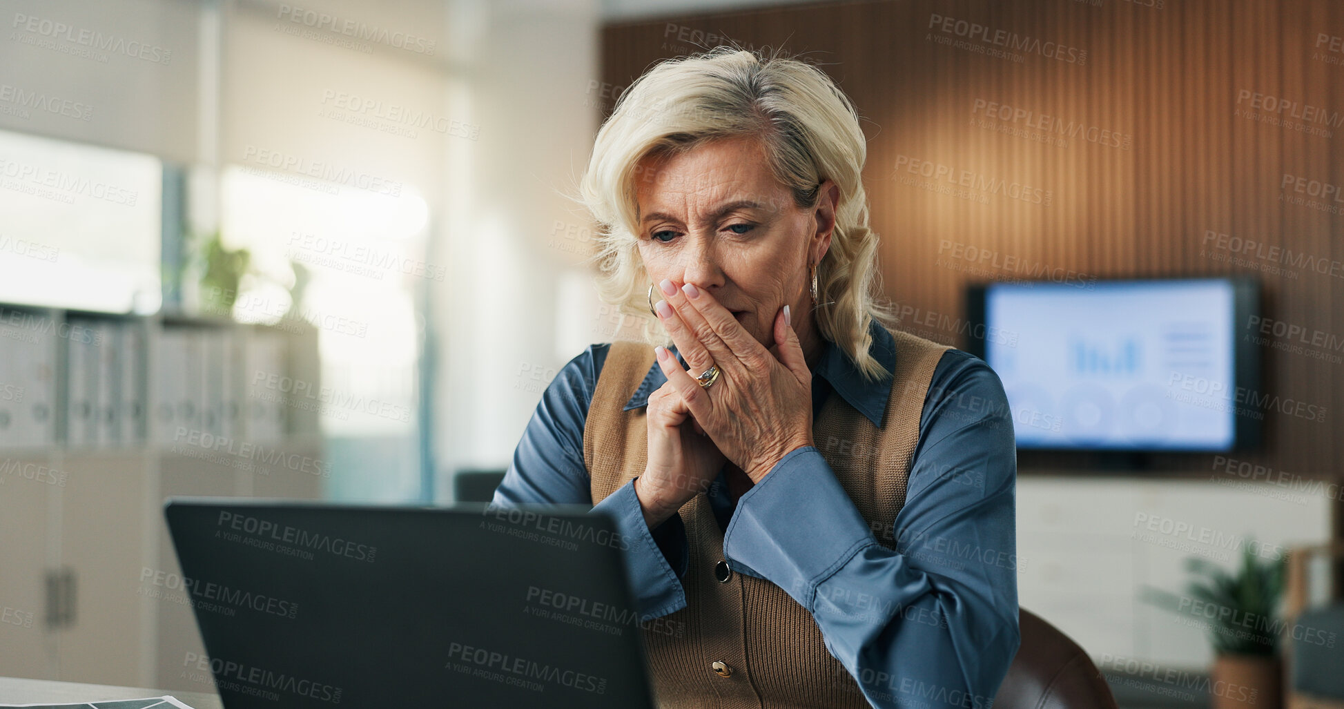 Buy stock photo Surprised, woman and stress on laptop in office for tax portal breach, audit report loss or crisis. Accountant, mature person and worry with tech at firm for phishing email, job risk or finance fraud