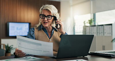 Buy stock photo Laptop, phone call and woman in company with document for accounting, audit data and budget update. Contact, auditor or mature person with paperwork for bookkeeping analysis, tech or financial review