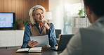 Interview, hiring and woman in office with document, vacancy or meeting in onboarding process. Contract, mature recruiter or talk in agency with resume, candidate or proposal for career opportunity