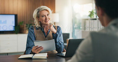 Buy stock photo Interview, hiring and woman in office with document, vacancy or meeting in onboarding process. Contract, mature recruiter or talk in agency with resume, candidate or proposal for career opportunity
