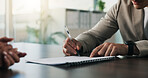 Hands, writing and man in office with proposal, discussion or meeting in onboarding process. Contract review, talk or recruiter in agency with document, candidate or resume for career opportunity