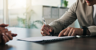 Buy stock photo Hands, writing and man in office with contract, discussion or meeting in onboarding process. Application review, talk or recruiter in agency with document, candidate or resume for career opportunity