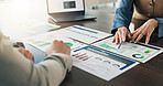 People, hands and meeting with documents for data analysis, sales performance update and forecast. Team, paperwork and strategy in office with revenue stats, graphs and projection for business income