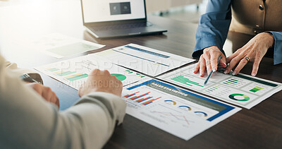 Buy stock photo People, hands and meeting with documents for data analysis, sales performance update and forecast. Team, paperwork and strategy in office with revenue stats, graphs and projection for business income