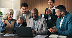 Excited, applause and business people in office with laptop, investment opportunity or deal celebration. Happy, team and clapping in meeting with computer, achievement and success for funding offer.
