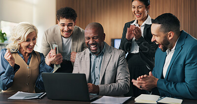 Buy stock photo Excited, applause and business people in office with laptop, investment opportunity or deal celebration. Happy, team and clapping in meeting with computer, achievement and success for funding offer.