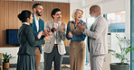 Celebration, business people and applause in office for success, company growth or achievement. Team, excited and employees clapping together in workplace for milestone,  laugh or congratulations