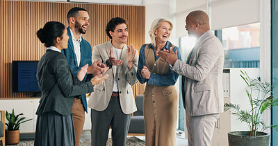Buy stock photo Celebration, business people and applause in office for success, company growth or achievement. Team, excited and employees clapping together in workplace for milestone,  laugh or congratulations