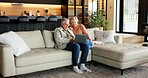 Relax, home and senior couple with laptop, connection or watching movie with subscription in lounge. Mature people, smile and streaming film with partner, online and bonding with mobile in house