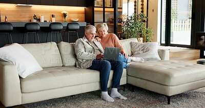 Buy stock photo Relax, home and senior couple with laptop, connection or watching movie with subscription in lounge. Mature people, smile and streaming film with partner, online and bonding with mobile in house