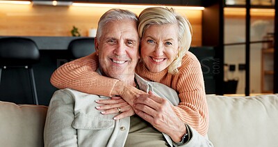 Buy stock photo Portrait, home and senior couple with smile, embrace or laughing with partner on break and affection. Happy, mature people and bonding with spouse on weekend, hug and commitment for marriage in house