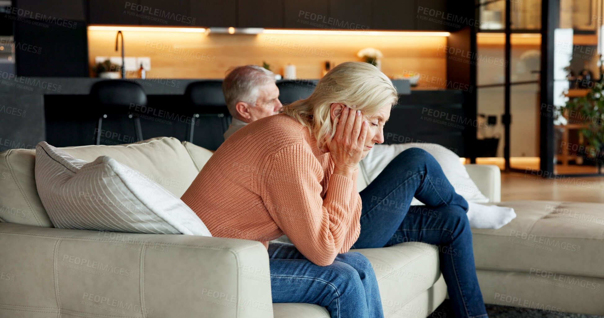 Buy stock photo Woman, thinking and senior couple in conflict for infidelity, silent treatment and manipulation. Ignore, pensioner and overthinking affair in home for marriage betrayal, disappointed and gaslighting