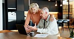 Support, laptop or senior couple with stress for debt review, overdue bills and inflation pressure. Marriage, people or worry with tech in home for financial crisis, pension fund delay or court order
