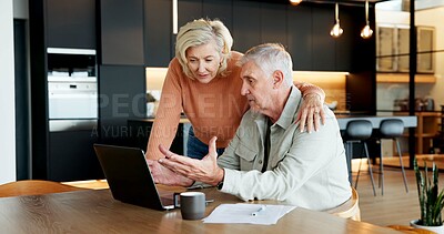 Buy stock photo Support, laptop or senior couple with stress for debt review, overdue bills and inflation pressure. Marriage, people or worry with tech in home for financial crisis, pension fund delay or court order