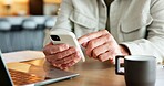 Hands, man and reading in home with phone, research and contact bank for loan application. Mature person, laptop and mobile at house for banking, finance report and online payment of household bills