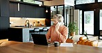Woman, remote work and phone call with laptop in house for real estate, property report or review. Mature realtor, tech and paperwork for sales agreement, listing information or negotiation statement