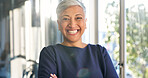 Business, happy or woman in office with portrait, optimism or ambition as wealth advisor. Confidence, bokeh or mature finance consultant with smile, about us or pride as investment professional.