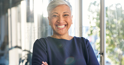 Buy stock photo Business, happy or woman in office with portrait, optimism or ambition as wealth advisor. Confidence, bokeh or mature finance consultant with smile, about us or pride as investment professional.