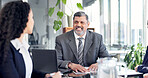 Team, CEO or documents with meeting in office for financial review, market expansion or update. Finance stakeholders, laptop or discussion with report for merger plan, goal setting or risk management