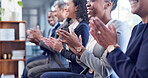 Applause, hands and workshop with business people in office together for goals or target. Clapping, seminar and success with excited employee team in workplace meeting for upskill development