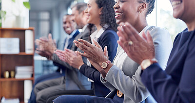 Buy stock photo Applause, hands and workshop with business people in office together for goals or target. Clapping, seminar and success with excited employee team in workplace meeting for upskill development