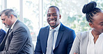 Portrait, candidate and business man in waiting room for interview, corporate opportunity or job. Professional people, onboarding and employment or recruitment in hiring process, smile and HR company