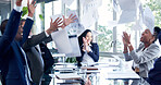 Applause, meeting and throw paper with business people in boardroom together for goals or target. Achievement, clapping and documents in air with employee team in office for celebration or milestone