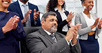 Applause, meeting and success with business people in office together for goals or target. Achievement, clapping and motivation with corporate employee team in workplace for bonus or milestone