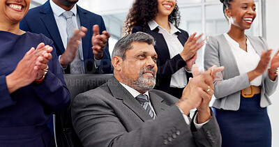 Buy stock photo Applause, meeting and success with business people in office together for goals or target. Achievement, clapping and motivation with corporate employee team in workplace for bonus or milestone