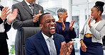 Applause, laughing and success with business people in office together for goals or target. Achievement, clapping and motivation with excited employee team in workplace for bonus or milestone