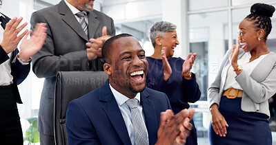 Buy stock photo Applause, laughing and success with business people in office together for goals or target. Achievement, clapping and motivation with excited employee team in workplace for bonus or milestone