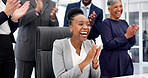 Applause, funny and success with business people in office together for goals or target. Achievement, clapping and laughing with excited employee team in corporate workplace for bonus or milestone