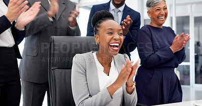 Buy stock photo Applause, funny and success with business people in office together for goals or target. Achievement, clapping and laughing with excited employee team in corporate workplace for bonus or milestone