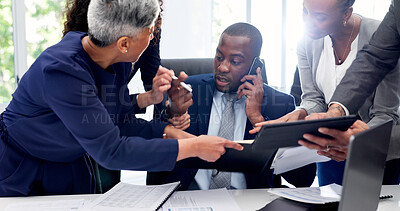Buy stock photo Man, team or chaos in office with phone call, demanding job or overwhelmed with business. Busy, branch manager or group in workplace with tech, request signature or multitasking for responsibility