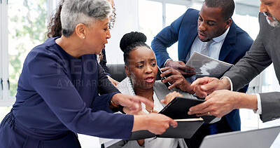 Buy stock photo Woman, group or chaos in office with phone call, demanding job or overwhelmed with business. Stress, branch manager or team in agency with tech, request attention or multitasking for responsibility