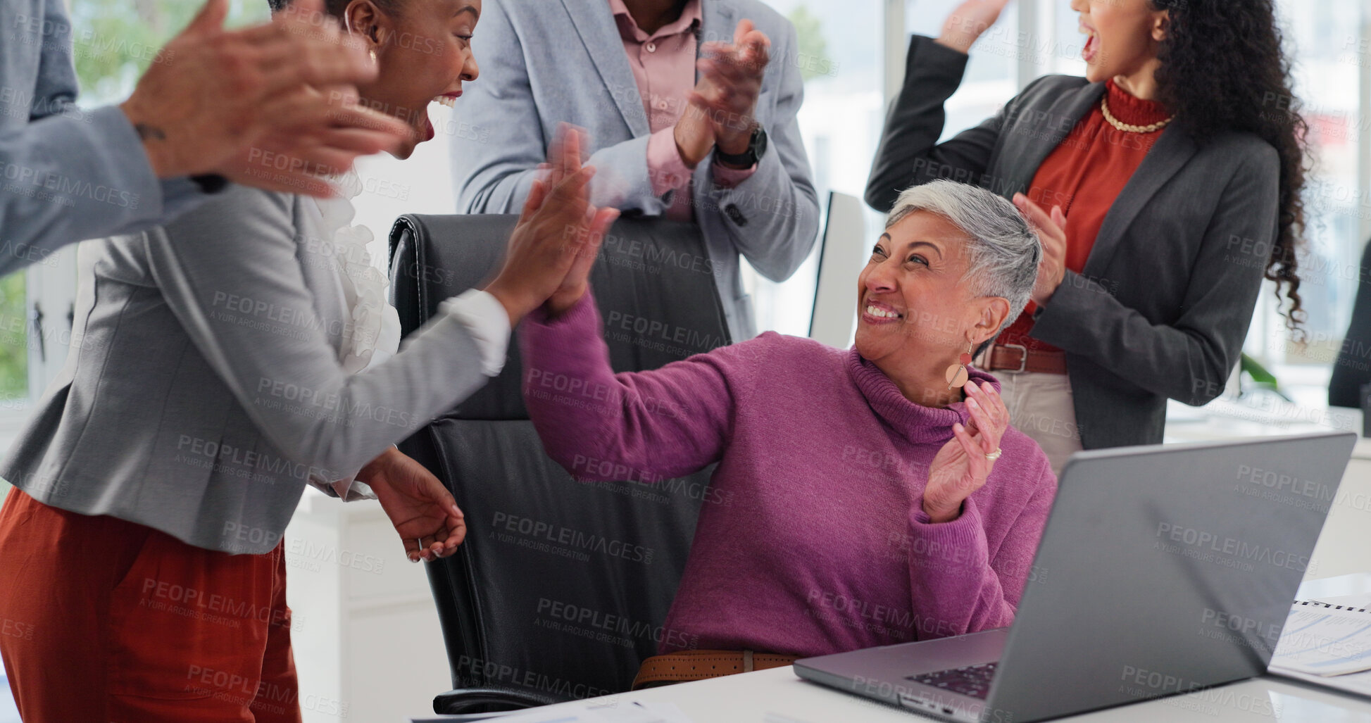 Buy stock photo Laptop, high five or business people or team for company milestone, celebration or insurance sale. Success, tech or happy workers with achievement, performance bonus and broker with policy target