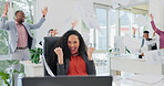 Laptop, celebration and businesswoman with document in air, financial milestone or company profit. Team, computer and excited people with fist pump for reward, investment success and throw paper