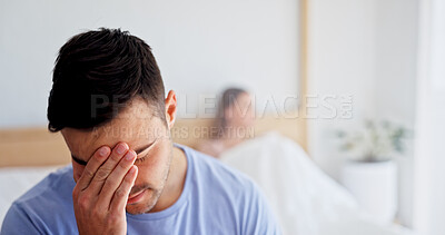 Buy stock photo Anxiety, headache and man in bedroom of home for argument, disagreement or relationship stress. Conflict, fight and frustration with couple on bed in apartment for anger, fail or marriage mistake