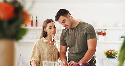 Buy stock photo Cooking, health and wellness with couple in kitchen of home together for diet or nutrition. Food, ingredients and recipe with happy people at counter in apartment for morning meal preparation